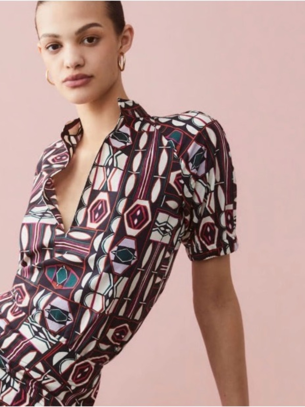 Goop G. Label Printed V-Neck Top featuring a black & red geometric pattern—New!